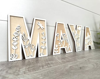 Wildflower Wooden Name Sign, 3D Layered Letters, Personalized Boho Floral Nursery Wall Art