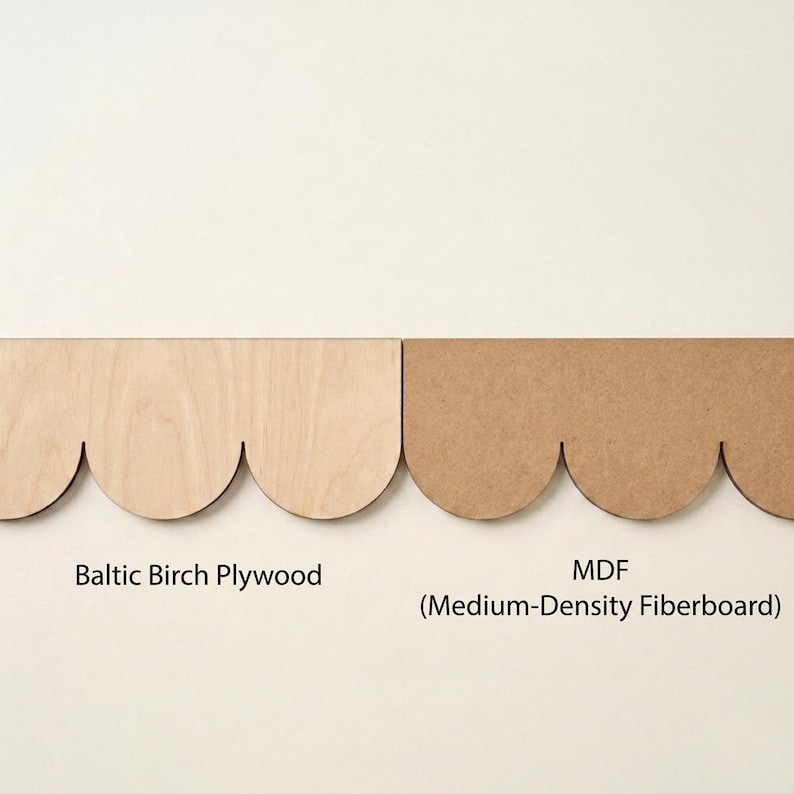 May include: Two wood samples, one light-colored Baltic Birch Plywood and the other MDF (Medium-Density Fiberboard), are shown. Both have a scalloped edge design. The text "Baltic Birch Plywood" and "MDF (Medium-Density Fiberboard)" are below the samples.