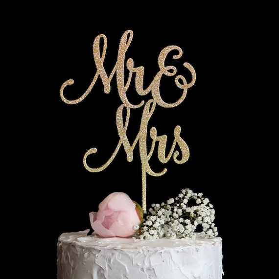 Mr & Mrs Tortenaufsatz – Goldener Glitzer-Topper Für Hochzeit, Verlobung, Jahrestag, Mit Holzstab