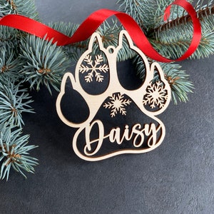 Ornement personnalisé d’arbre de Noël de patte de chien, ornement personnalisé d’impression de patte de chat, décor de Noël en bois, étiquettes de bas, étiquettes cadeaux de patte d’animal