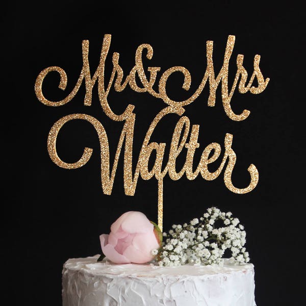 Topper de gâteau de mariage personnalisé avec votre nom de famille | M. et Mme Cake Topper | Calligraphie Gâteau de mariage Topper | Paillettes d’argent d’or rose