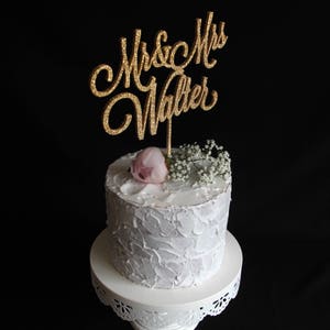 Custom Wedding Cake Topper with your Last Name Mr and Mrs Cake Topper Calligraphy Wedding Cake Topper Rose Gold Silver Glitter image 4