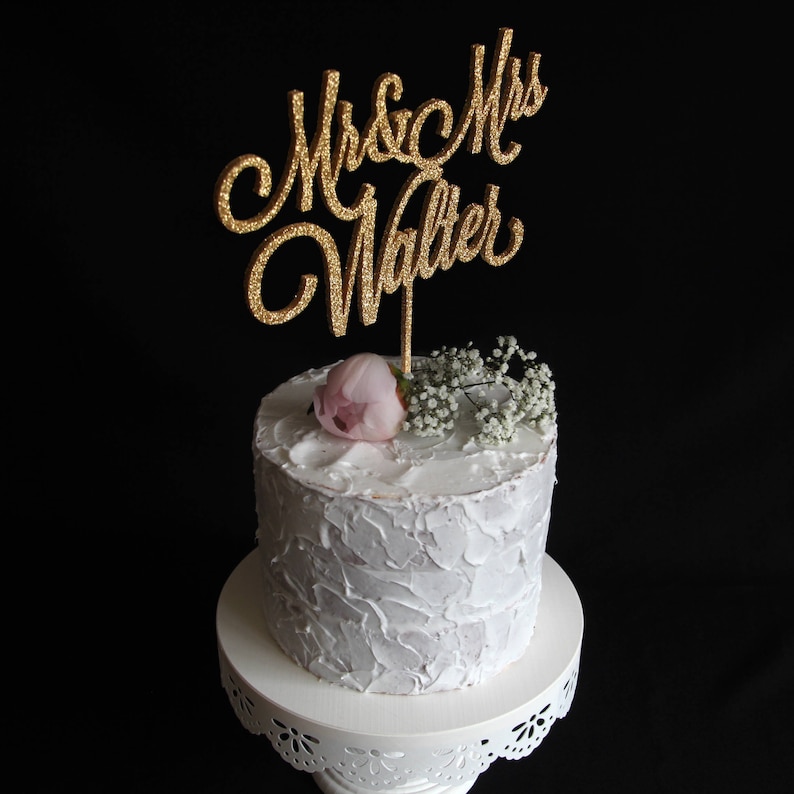 Custom Wedding Cake Topper with your Last Name Mr and Mrs Cake Topper Calligraphy Wedding Cake Topper Rose Gold Silver Glitter image 4