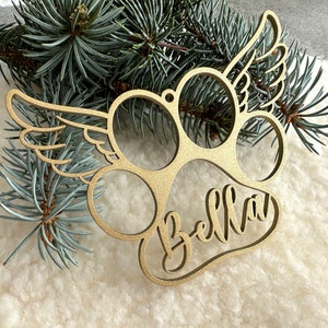 Dog Paw Angel Wings Ornament, Pet Memorial Ornament, Personalized Paw Print Ornament for Christmas Tree, Wooden Xmas Decor, Stocking Tags