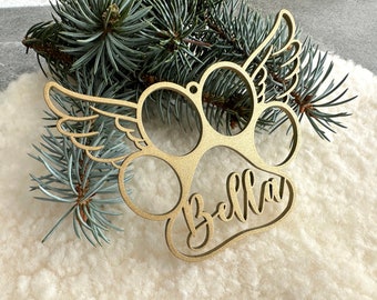 Hund Pfote Engelsflügel Ornament, Haustier Erinnerung Ornament, personalisierte Pfotenabdruck Ornament für Weihnachtsbaum, Holz Weihnachtsdekor, Stocking Tags