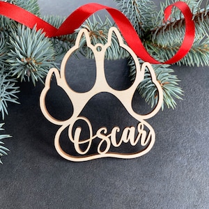 Custom Dog Paw Ornament, Personalized Cat Paw Print Ornament for Christmas Tree, Wooden Xmas Decor, Stocking Tags, Animal Paw Gift Name Tags