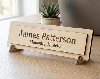 Personalized Desk Name Plate, Custom Wood Office Name Sign with Logo, Engraved Executive Nameplate, Business Gift, New Job Promotion Gift