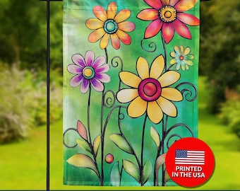 Folk Art Flower Garden Flag – Double Sided, Whimsical Blooms
