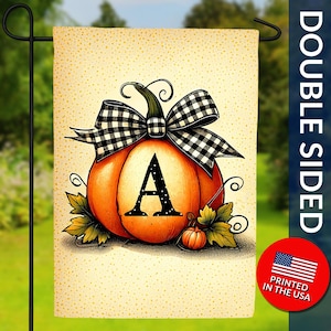 Monogram Pumpkin Garden Flag – Letter A, Buffalo Check Bow, Autumn Decor
