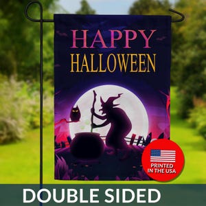 May include: Double-sided Halloween garden flag featuring a witch stirring a cauldron under a full moon. The flag has the words "HAPPY HALLOWEEN" in pink and yellow. An owl sits on a branch. Printed in the USA.
