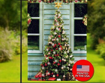 Cabin Christmas Tree Flag – Double-Sided Holiday Decor