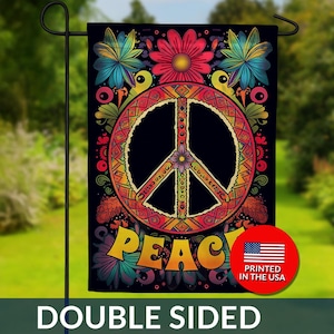 May include: Double-sided garden flag with a vibrant peace symbol design. The flag features a black background with a colorful peace symbol, flowers, and the word "PEACE". The flag is printed in the USA.
