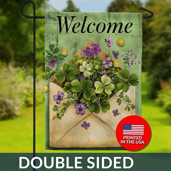 Bandera de bienvenida de doble cara con trébol violeta - Flores moradas, magia de la primavera irlandesa