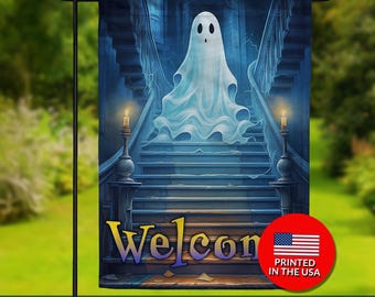 May include: Double-sided garden flag featuring a ghostly figure on a staircase with the word "Welcome" in a gradient font. The flag has a blue and gray color scheme, with two lit candles on either side of the stairs. The flag is printed in the USA.
