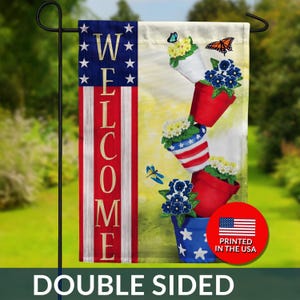Patriotic Welcome Garden Flag – Floral Pots, USA Pride