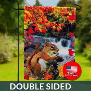 Squirrel Waterfall Garden Flag – Double Sided Autumn Decor