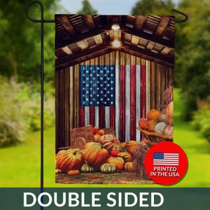 Rustic Patriotic Fall Barn Flag – American Flag, Pumpkin Harvest