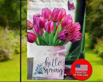 Pink Tulips Spring Garden Flag – Butterfly Floral Decor