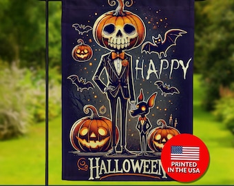 Skeleton Pumpkin Head Halloween Flag – Spooky Tuxedo Decor
