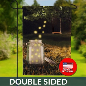Firefly Jar Garden Flag – Summer Evening Wooden Swing, Double Sided