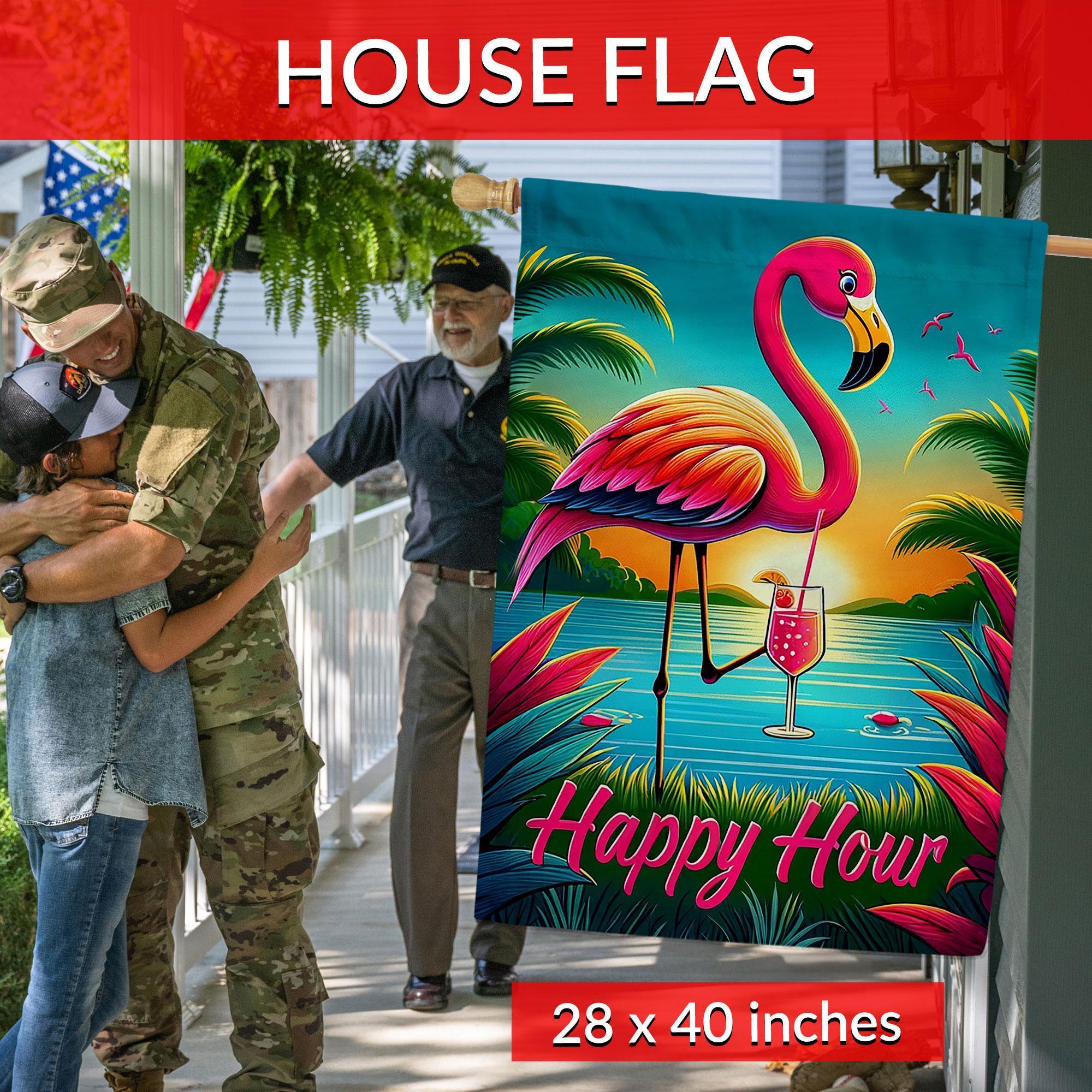 Happy Hour Flamingo Garden Flag – Tropical Sunset Cocktail, Double