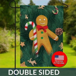 Gingerbread Candy Cane Double Sided Flag - Christmas Cookie, Holiday Ornaments, Pine Background