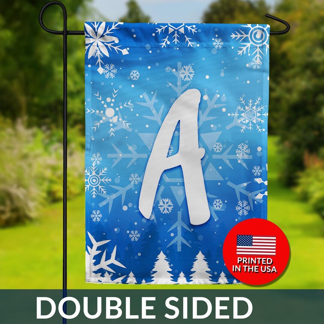Wintry Monogram Garden Flag – Double Sided Snowflake Winter Scene ...