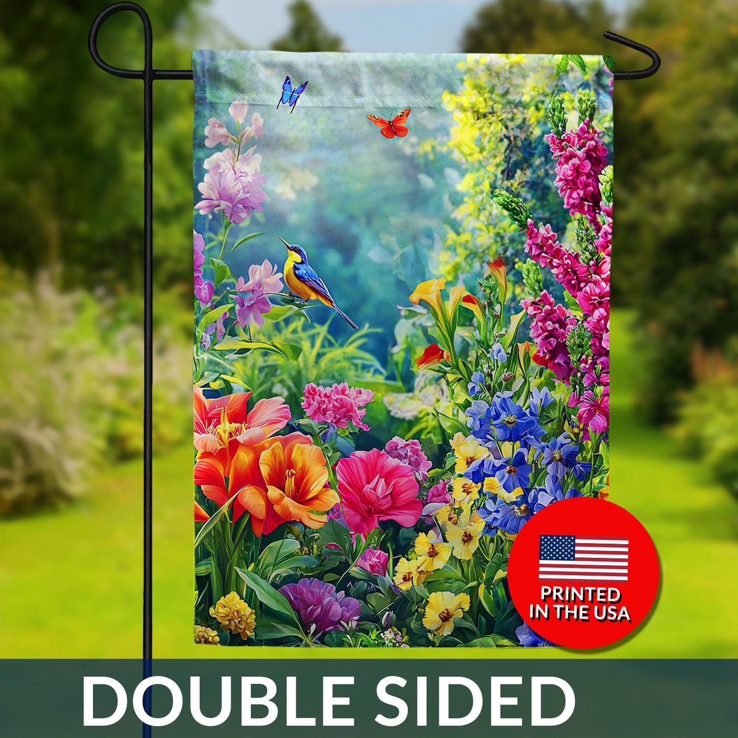 Summer Cottage Garden Flag – Bird, Butterfly, Floral Wildlife