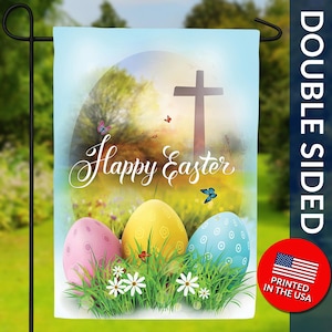 Happy Easter Garden Flag – Easter Eggs Flag, Easter Cross Flag, Christian Easter Garden Flag, Resurrection Flag, Easter Celebration Flag