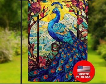 Peacock Stained Glass Double Sided Flag - Exotic Bird Art