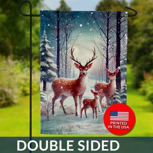 Deer Family Winter Forest Double Sided Flag - Moonlight Snow Nature Scene