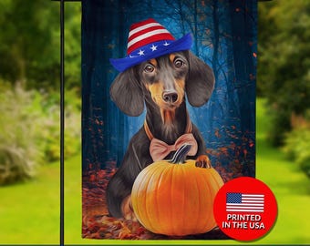 Patriotic Dachshund Pumpkin Garden Flag – Fall Doxie Decor