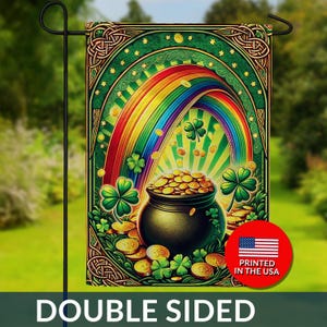 Leprechaun's Treasure Double Sided Flag - Pot of Gold Rainbow, Celtic Shamrocks