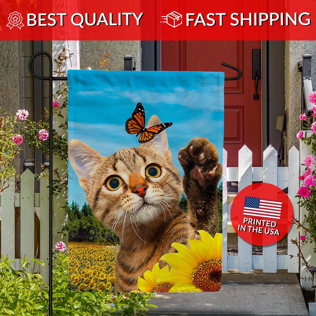 Playful Tabby Cat Flag Tabby Cat Flag, Butterfly Decor, Playful Cat ...
