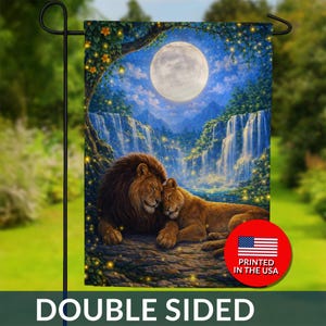 May include: Double-sided garden flag featuring a serene scene of two lions embracing under a full moon. The flag displays a waterfall, lush foliage, and the text "PRINTED IN THE USA". The flag is designed for outdoor use.
