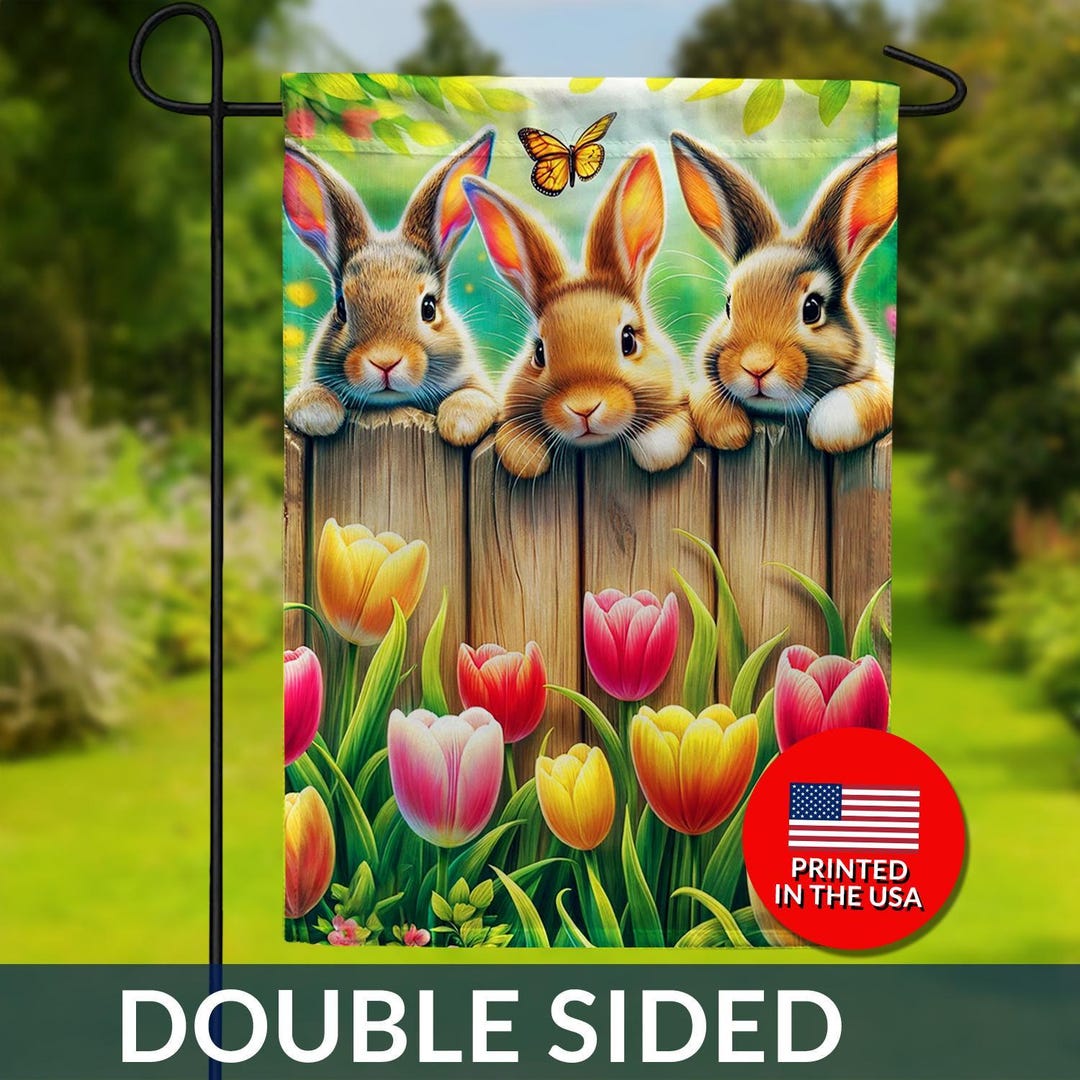 Bunnies and Blossoms Double Sided Flag - Three Rabbits Tulips, Sunlit ...