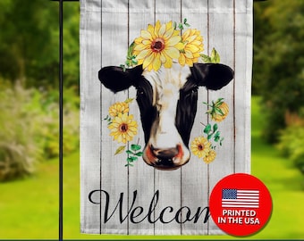 Sunflower Cow Welcome Flag – Double Sided Farmhouse Garden Decor