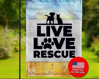 Live Love Rescue Flag - Pet Adoption, Dog Cat Silhouette