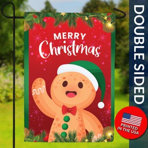 Gingerbread Man Double Sided Flag - Merry Christmas Cookie, Green Santa Hat Holiday