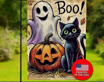 May include: A double-sided Halloween garden flag featuring a smiling ghost, a carved orange pumpkin, and a black cat with green eyes. The word "Boo!" is written above the pumpkin. The flag is printed in the USA.