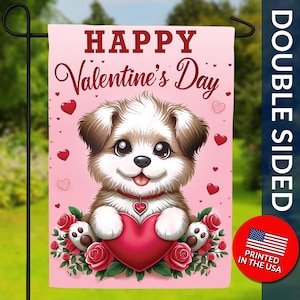 Happy Valentine&#39;s Day Double Sided Flag -  Valentine Puppy, Cute Puppy Decor, Love Heart Flag, Puppy Valentine Flag, Valentine&#39;s Day flag