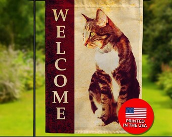 Tabby Cat Welcome Garden Flag – Double Sided, Pet Lover Decor