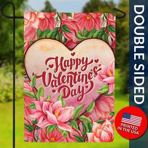 Happy Valentine&#39;s Day Double Sided Flag - Romantic Floral Decor, Pink Flowers, Love Yard Flag, Heart Flag, Elegant Flag, Valentines Day flag