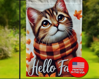 Hello Fall Cat Garden Flag – Plaid Scarf, Autumn Decor