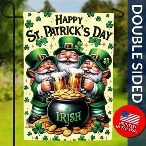 Happy St Patricks Day Double Sided Flag - St. Patrick’s Day Gnome Flag, St Patrick&#39;s Day Garden Flag, Shamrock Flag, St Patty&#39;s Flag