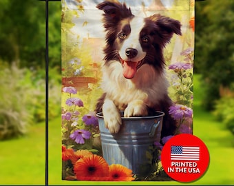 Border Collie Flower Bucket Garden Flag – Double Sided