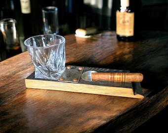 Rustic OAK 11" whiskey barrel stave inspired cigar holder, ashtray, and whiskey glass. Gift For Dad / husband FREE SHIP Personalized initial