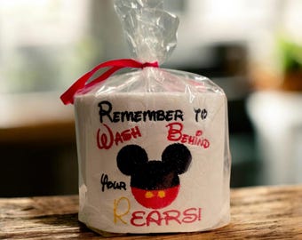 Funny Wash Behind Your REars! Toilet Paper decoration.   Embroidery for 2025. Great for gag gift for relatives