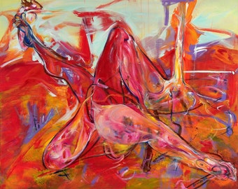 YOGA FUNK, Abstract Red and Orange Contemporary Painting, Original Sensual Bed Bedroom Decor, Abstract Female Nude Art, Signed Oil Painting