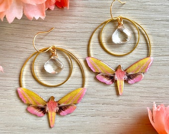 Elephant Hawk Moth Hoop Earrings - Faux Resin Coated Moths - Gold Butterfly Wing Layered Hoops - Faceted Clear Quartz Teardrops